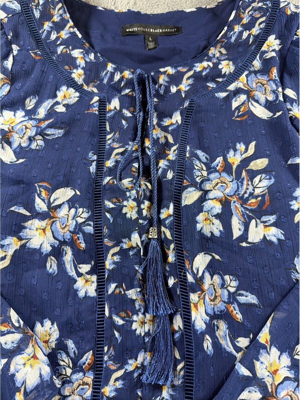 White House Black Market Dress L Blue Floral Boho Tassel Tie Bell Sleeve - Picture 4 of 12